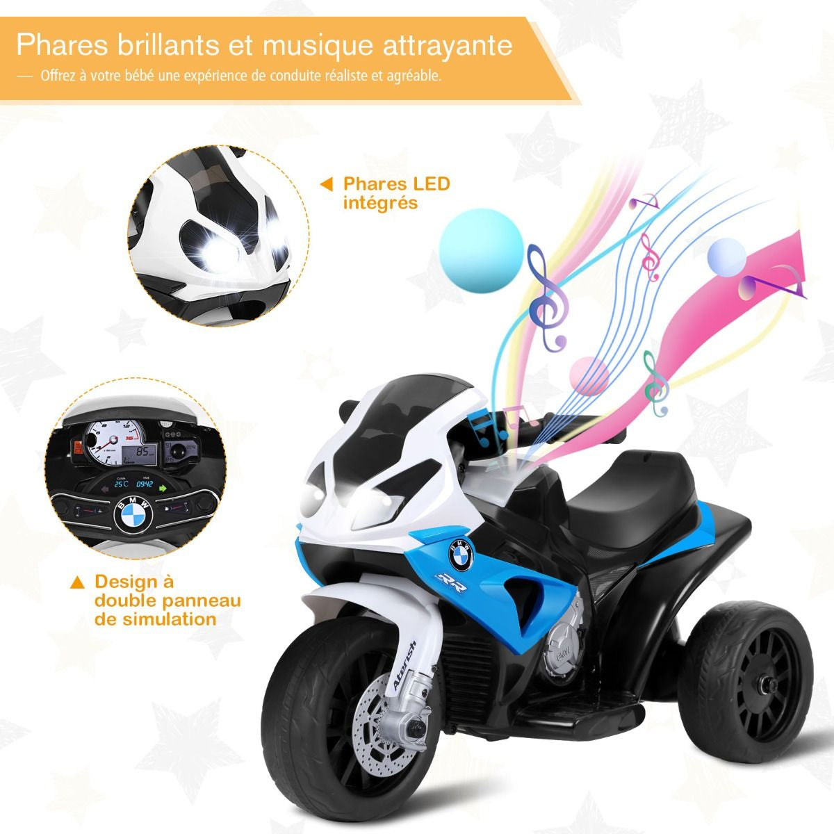 Moto Electrique Pour Enfants À 3 Roues Avec Phare Lumineux Musiques 6 V / 4Ah 2,5 Km/H Pour Garçons Et Filles 18-36 Mois Bleu/Noir/Rouge
