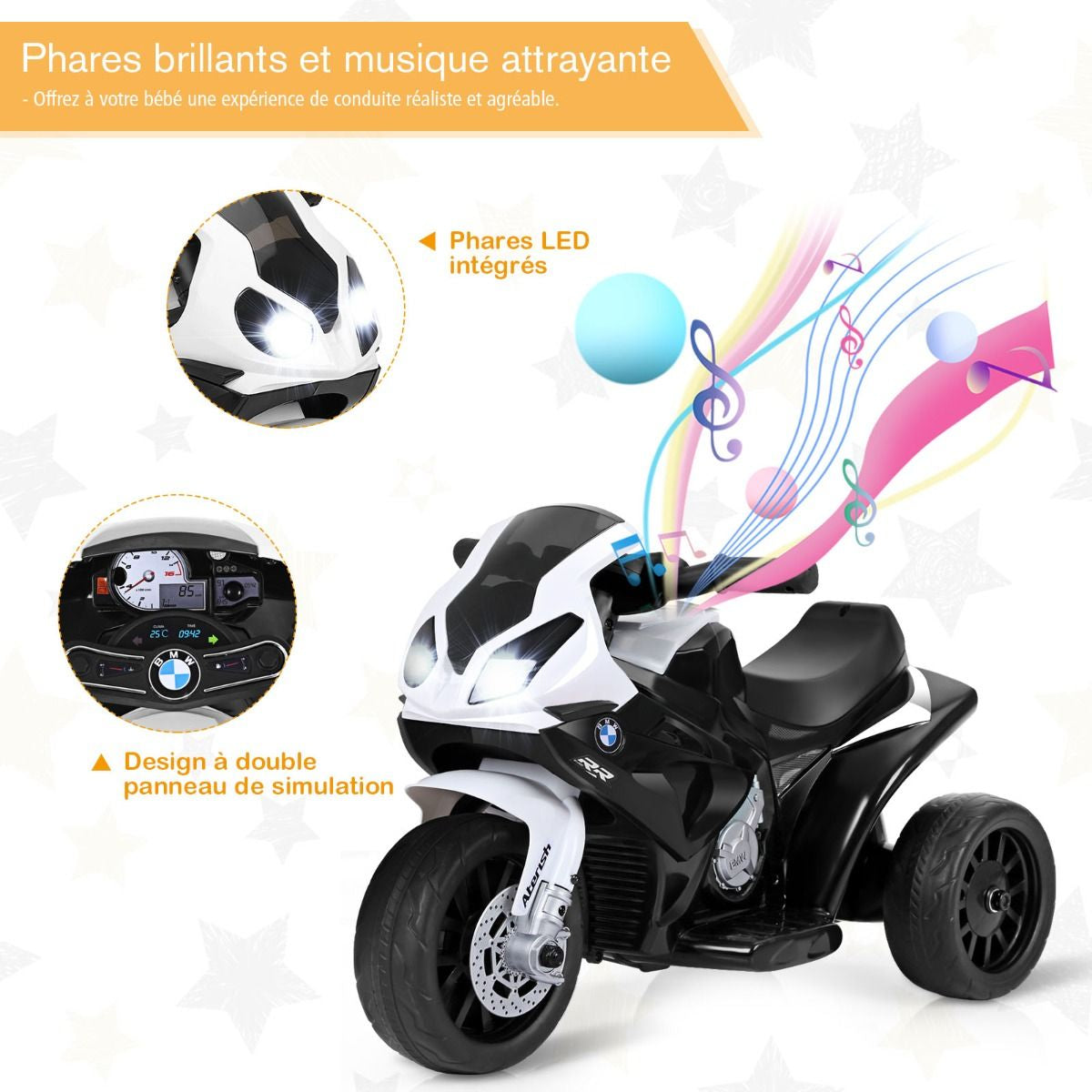 Moto Electrique Pour Enfants À 3 Roues Avec Phare Lumineux Musiques 6 V / 4Ah 2,5 Km/H Pour Garçons Et Filles 18-36 Mois Bleu/Noir/Rouge